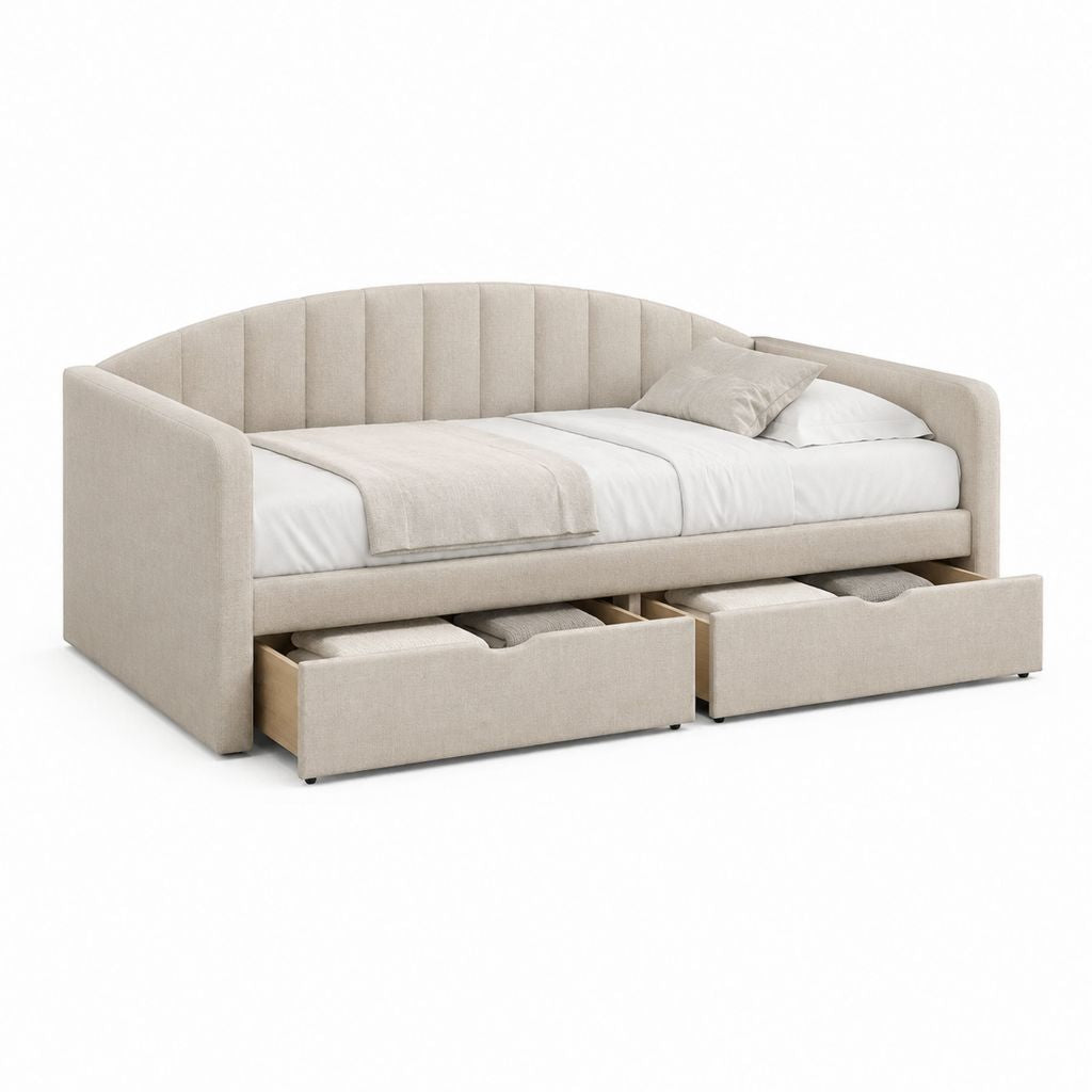 Tagesbett mit 2 Schubladen Beige Polyester Rechteckig Liegefläche 90 x 200 cm Gesamtmaß 220 x 100 x 90 cm
