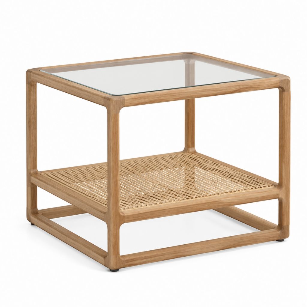 Couchtisch quadratisch Natur aus massivem Eichenholz mit Glasplatte und Rattangeflecht 60 x 60 x 50 cm