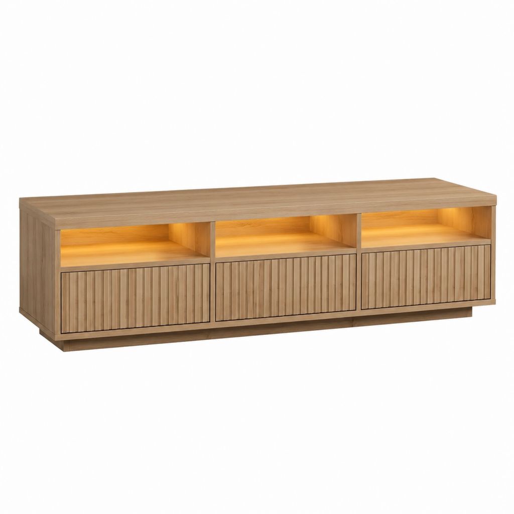 TV-Lowboard Eichenoptik MDF rechteckig mit 3 Türen und LED-Beleuchtung 180 x 40 x 55 cm