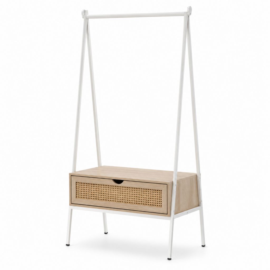 Kleiderständer mit Schublade Weiß Natur MDF Stahl Rattan 80 x 45 x 180 cm