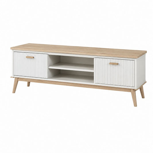 TV Lowboard Weiß Eiche Dekor Rechteckig mit 2 Schiebetüren und offenen Fächern 160 x 40 x 55 cm