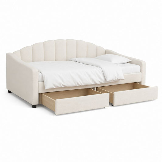 Schlafsofa Tagesbett Creme Polyester mit 2 Schubladen 90 x 200 cm