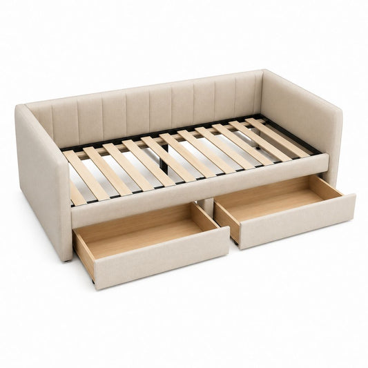 Schlafsofa Beige aus Polyester mit Lattenrost und 2 Schubladen 90 x 200 cm
