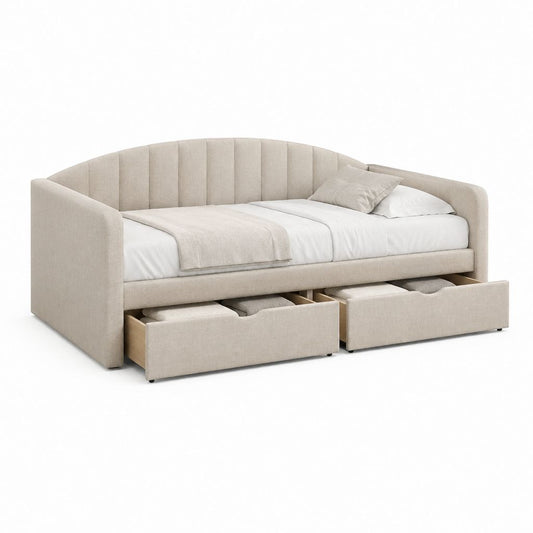 Tagesbett mit 2 Schubladen Beige Polyester Rechteckig Liegefläche 90 x 200 cm Gesamtmaß 220 x 100 x 90 cm