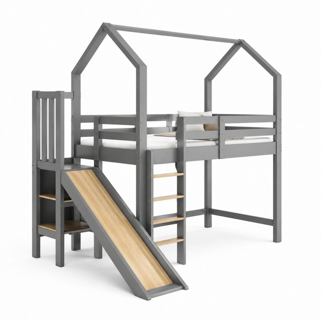 Kinderhochbett Hausbett mit Rutsche und Leiter Grau Naturholz Massivholz 90 x 200 cm