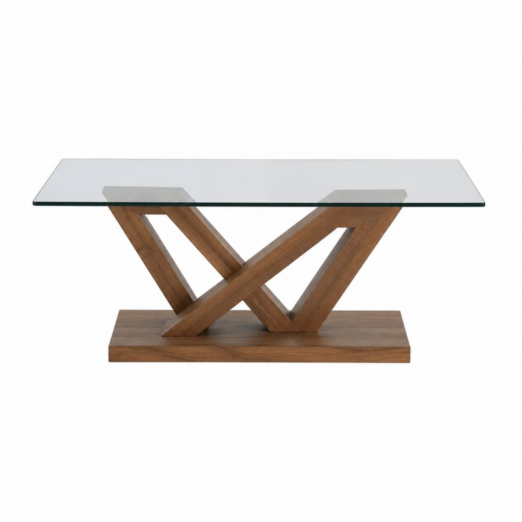 Couchtisch Braun aus massivem Akazienholz mit rechteckiger 10 mm Sicherheitsglasplatte 120 x 60 x 45 cm