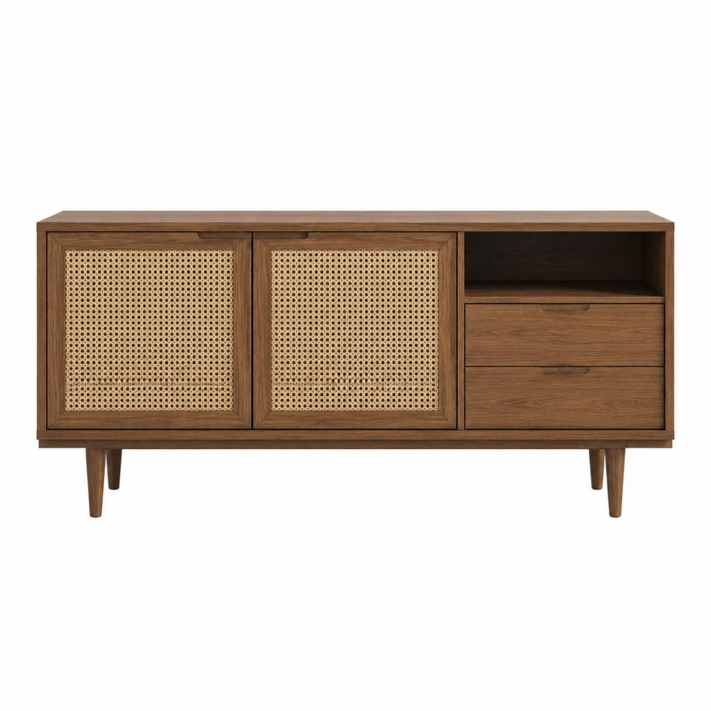 TV-Lowboard Walnussbraun mit Rattangeflecht 160 x 40 x 80 cm