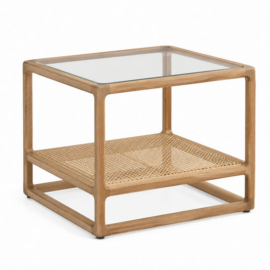Couchtisch quadratisch Natur aus massivem Eichenholz mit Glasplatte und Rattangeflecht 60 x 60 x 50 cm