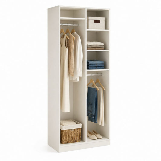 Offener Kleiderschrank Weiß aus Spanplatte Rechteckig 80 x 50 x 200 cm mit 2 Kleiderstangen und 3 Einlegeböden
