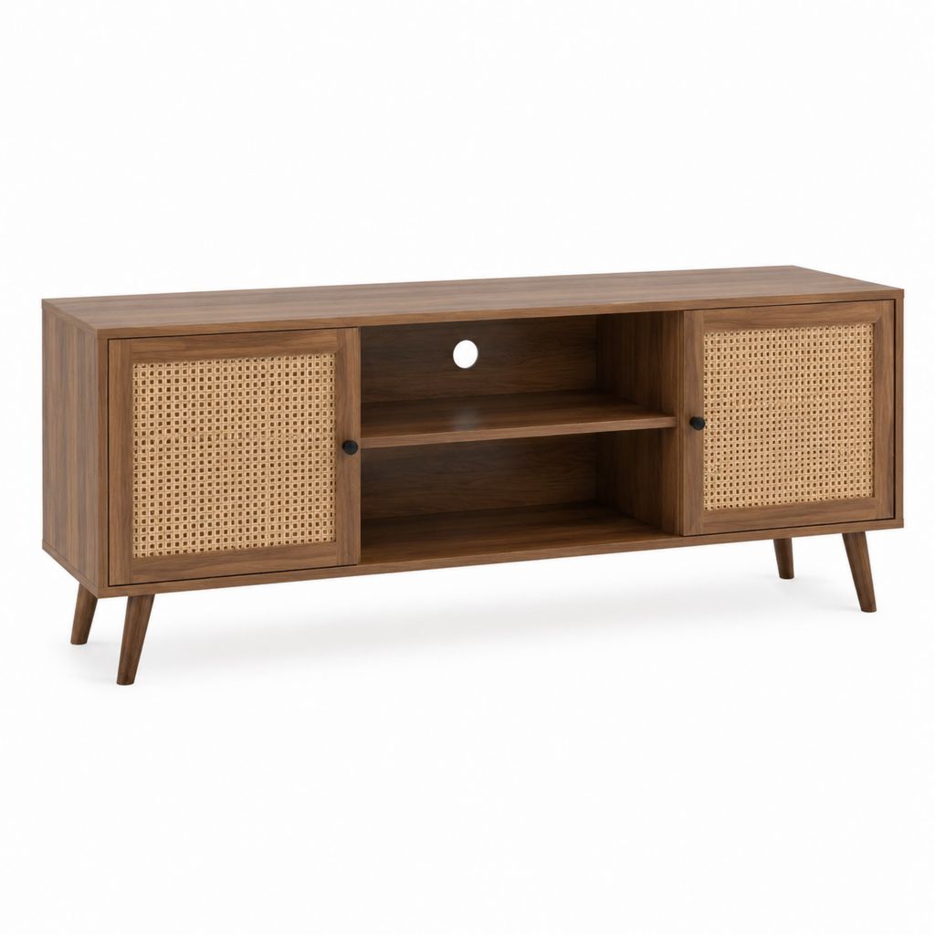 TV-Lowboard Walnussbraun mit Rattanfront rechteckig 140 x 40 x 60 cm