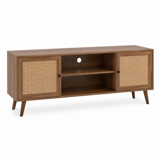 TV-Lowboard Walnussbraun mit Rattanfront rechteckig 140 x 40 x 60 cm