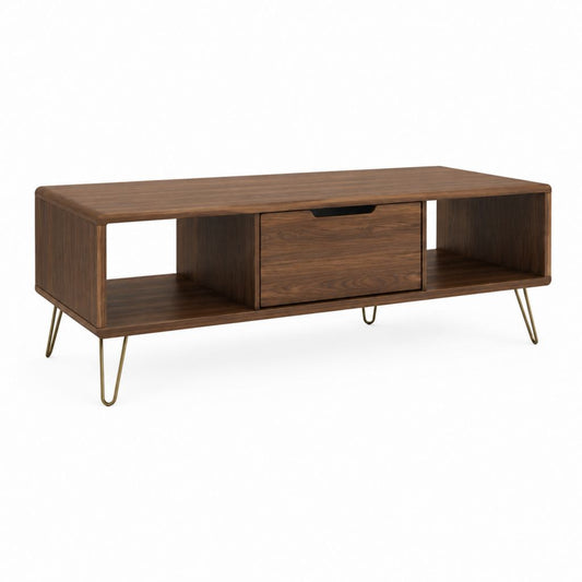 Couchtisch Walnussfurnier rechteckig mit Schublade und offenen Fächern 120 x 40 x 45 cm