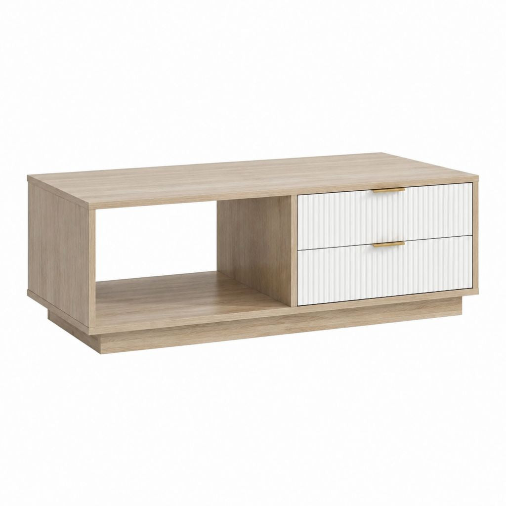 Couchtisch Eichefarben Weiß aus melaminharzbeschichteter Spanplatte rechteckig mit 2 Schubladen 100 x 50 x 45 cm