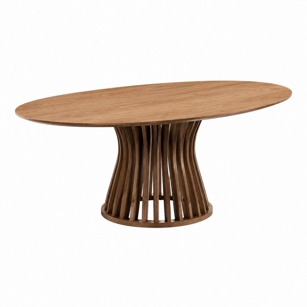 Ovaler Couchtisch in Eichenoptik mit MDF-Tischplatte und Lamellenfuß 120 x 60 x 45 cm
