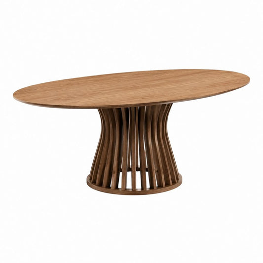 Ovaler Couchtisch in Eichenoptik mit MDF-Tischplatte und Lamellenfuß 120 x 60 x 45 cm