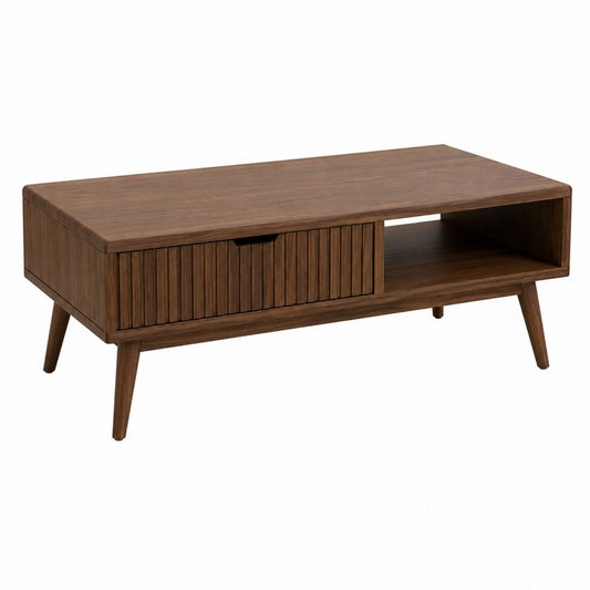 Couchtisch walnussbraun aus MDF mit Nussbaumfurnier rechteckig 100 x 50 x 45 cm mit Schiebetür und offenem Fach