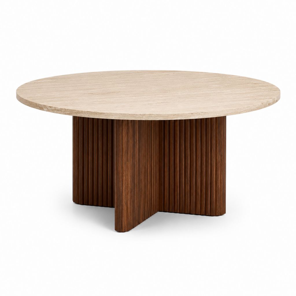 Couchtisch rund Beige Walnussfurnier Travertinoptik Ø 90 x 40 cm