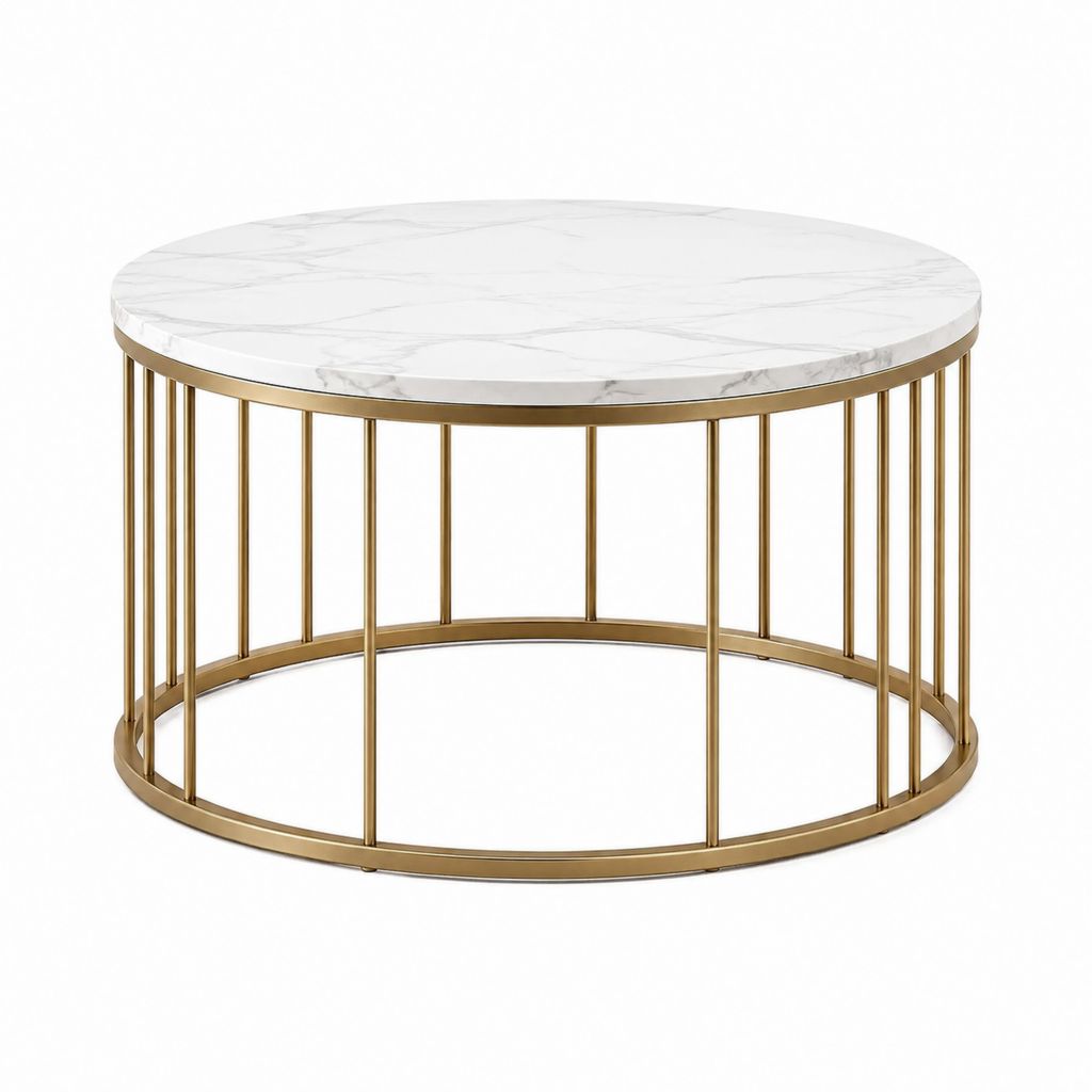 Runder Couchtisch Weiß Gold mit MDF-Tischplatte in Marmoroptik und Stahlgestell Ø 80 cm Höhe 45 cm