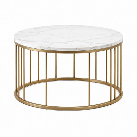 Runder Couchtisch Weiß Gold mit MDF-Tischplatte in Marmoroptik und Stahlgestell Ø 80 cm Höhe 45 cm